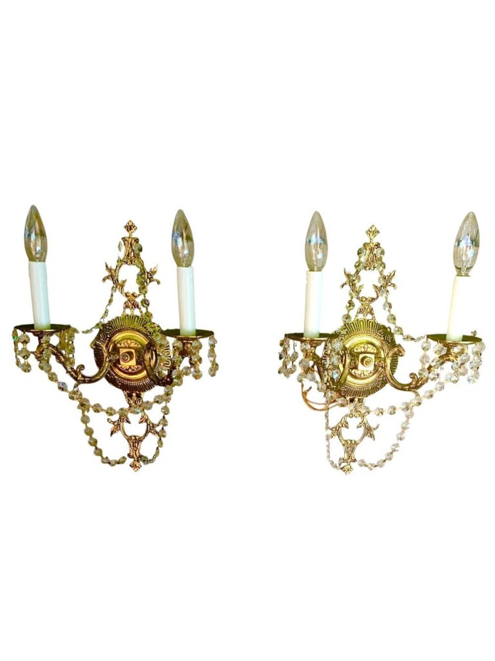 2 Vintage Neoclassical Rococo Revival Brass Wall Sconce Crystal Garland Two Arm